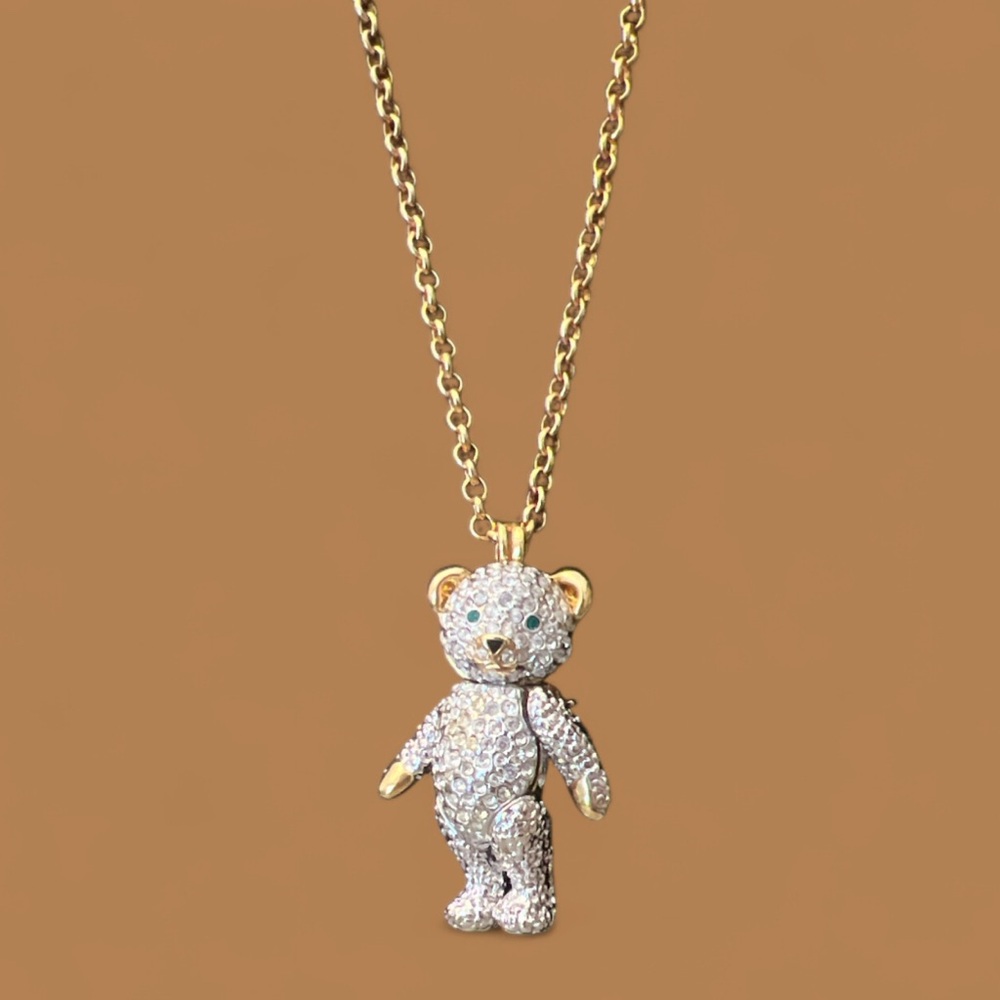 PJM Rhinestone Bear Pendant /Brooch Jointed Head Limbs Green Eyes 23"necklace
